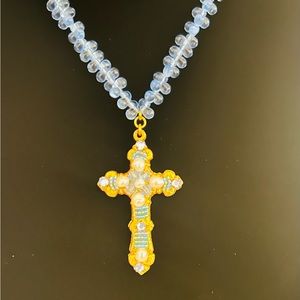 Miriam Haskell Blue Glass with Cross Pendent Necklace.
